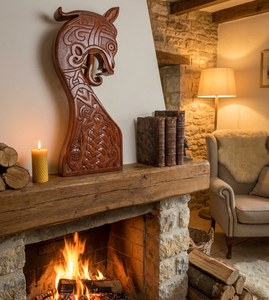 Sculpture murale décorative en bois, tête de dragon viking sculptée à la main - Style nordique Oseberg, nœud celtique, figurine de dragon - Product Image 1