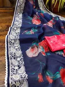 Ropa especial de boda y fiesta, Saree de Organza suave con estampado Khadi, con Secuencia de bordado, hilo de trabajo con blusa de seda bordada - Product Image 5