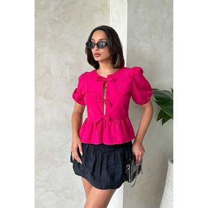 Blusa de Popelina con Lazo Delantero Color Fucsia para Mujer, Marca Topshow, Elegante Blusa Casual de Manga Larga de Algodón y Poliéster para Venta al Por Mayor - Product Image 1