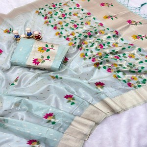 Sari en organza doux VASTRA COTTAGE, tissage floral Meenakari, riche pallu en zari tissé Jamdani, tenue de fête avec chemisier en brocart - Product Image 1
