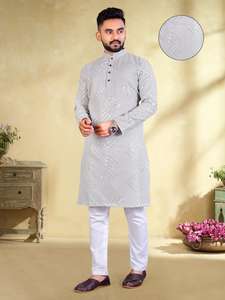 Kurta pour homme en coton lourd de qualité supérieure, couleur vive, pour mariage, fiançailles, occasions festives, avec travail de miroir, poche sur chaque côté - Product Image 5