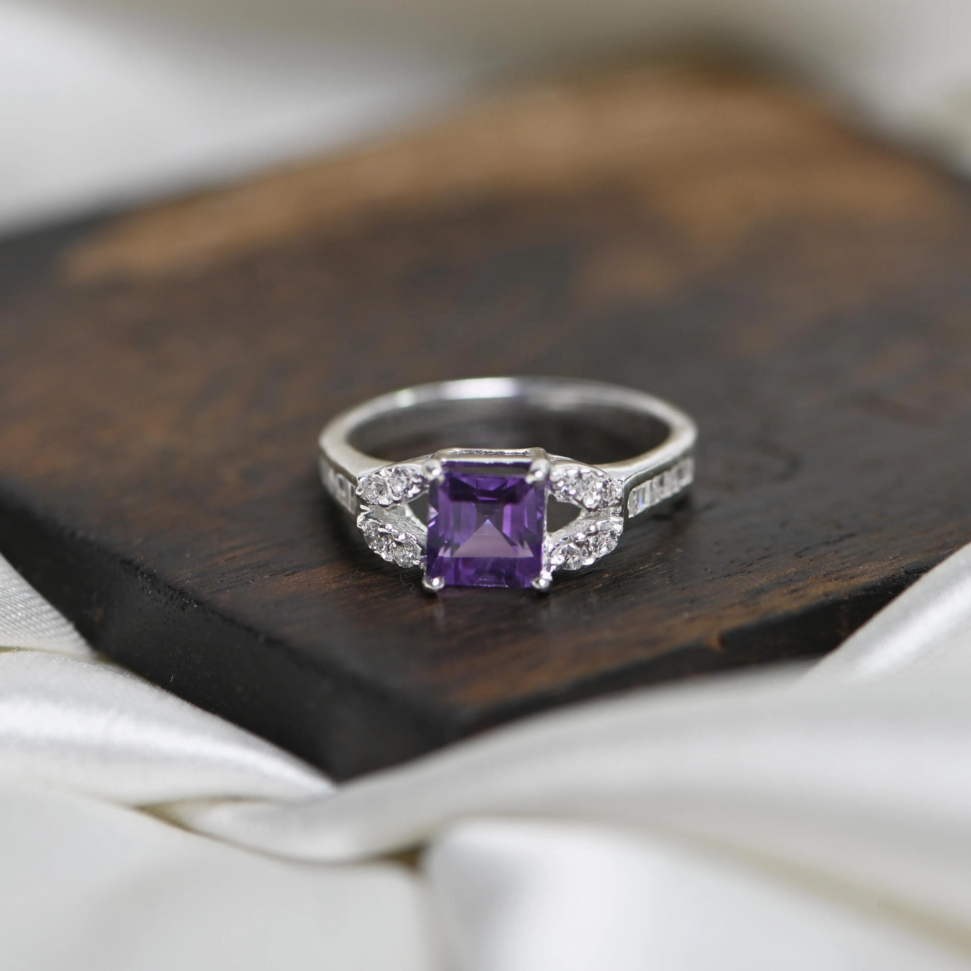 Square Shape Real Amethyst Stone Ring With CZ 925 Silver Ring Unique Ring For Engagement Gift