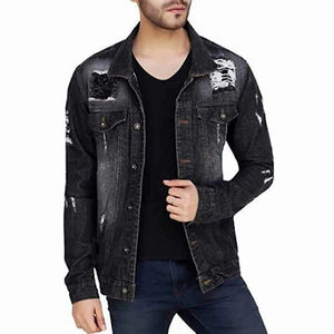 Wholesale Pure Cotton <b>Denim</b> <b>Jacket</b> for Men Custom Jean <b>Jackets</b> with <b>Long</b> Sleeves and Ripped Blue Finish Pre-Washed and Coated - Product Image 1
