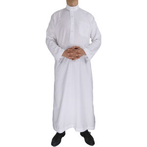Teñido blanco Hombres musulmanes Thobe Manga larga Color sólido Batas transpirables Cuello alto Abaya Hombres Algodón Thobe / Thawb - Product Image 2