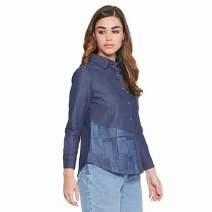 2023 Colección de otoño OEM Camisas de mezclilla para niñas Camisas de vestir de manga larga con bolsillos Camisas de ropa informal regular para damas ODM - Product Image 4