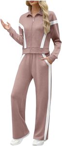 Conjunto de 2 piezas de chándal de rayas marrones, chaqueta con cremallera y pantalones de pierna ancha, ajuste relajado, ropa de entrenamiento para mujer, conjunto de ropa deportiva - Product Image 3