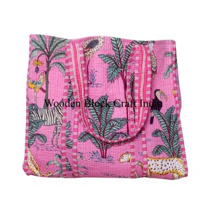 Sac fourre-tout en coton matelassé pour femmes, imprimé à la main, grand, multicolore, imprimé jungle, nouveau style, produits populaires, sac fourre-tout en tissu écologique - Product Image 5