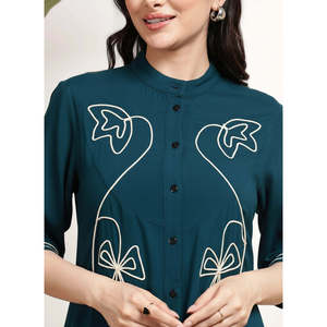 DEEBACO Women's Solid Viscose Rayon Shirt <b>Dress</b> 3/4 Sleeve Collared Neck Regular Fit Calf Length Summer Western Party Casual - Product Image 2