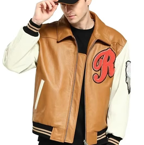 Veste universitaire en cuir pour homme avec patchs brodés, coupe-vent respirante, col rond, 100% laine, veste universitaire de baseball pour homme - Product Image 4