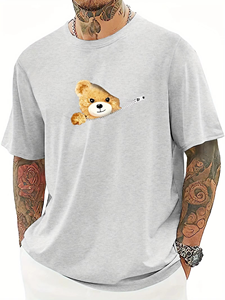 เสื้อยืดคอกลมแขนสั้นสำหรับผู้ชาย, เสื้อยืดคอกลมแขนสั้นพิมพ์ลายหมีน่ารักทรงหลวมลำลองสำหรับฤดูร้อน - Product Image 4