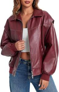 Chaquetas de bombardero de cuero de gran tamaño para mujer Abrigos de motocicleta con cremallera de manga casquillo con bolsillos - Product Image 4