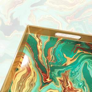 Plateau décoratif en bois traditionnel à marbrure verte, poignées modernes rectangulaires pour table basse de mariage, utilisation écologique, gravure - Product Image 3