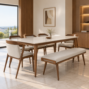 Juego de Comedor Moderno de Nogal con Sillas Tapizadas y Banco para Interiores de Apartamentos y Hoteles de Lujo - Product Image 4