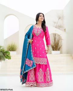 Ensemble de palazzo en soie romaine brodée de qualité supérieure avec broderie complexe, couleurs vibrantes et dupatta en organza, parfait pour les fêtes - Product Image 3