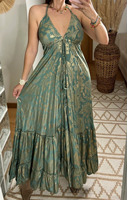 Robe longue de luxe bohème chic à imprimé floral cachemire noir et or, manches courtes, col en V, taille naturelle, écologique et lavable