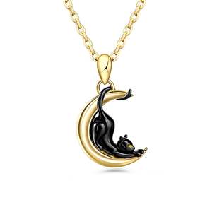 Jeulia Sterling Silver <b>Black</b> <b>Cat</b> Crescent Moon Necklace with Zircon - Product Image 1