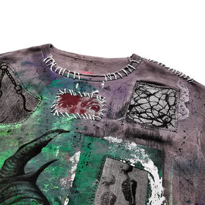 เสื้อยืดผ้าฝ้าย300GSM ออกแบบได้ตามต้องการสำหรับผู้ชายทรงบ็อกซี่ทรงโอเวอร์ไซส์พร้อมพิมพ์ลาย DTG การเย็บปะติดปะต่อกันดีไซน์ถูกทำลายและการบำบัดด้วยกรด - Product Image 4