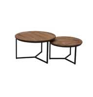 Table basse ronde moderne et personnalisable avec un design intelligent, structure en métal thermolaqué et plateau en bois pour salon