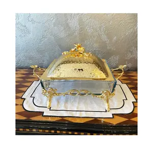 結婚式の摩擦皿ホテルやレストランのためのユニークなデザインのゴールデンビュッフェセット日常使用金属スタンド真鍮の摩擦皿