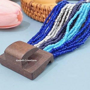 Hot Selling Blue Mix <b>Glass</b> Beads Multi-Layer Wide <b>Bangle</b> for Women Geometric Pattern Anniversary Bracelet - Product Image 4