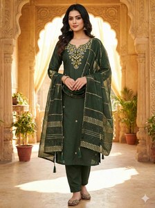 Mehandi Green Color Banarasi Silk Beautiful Embroidery Sequence Work Bridal-Lehanga Inspired <b>Kurti</b> for Party Winter Elegant Look - Product Image 3