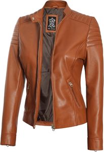TESSUTO Women's Quilted Genuine Leather Motorcycle Jacket-Trendy Vintage Style <b>Waterproof</b> Breathable Eco-Friendly Nylon Lining - Product Image 2