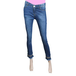 กางเกงยีนส์ผู้หญิงแต่งลายปัก - สีน้ำเงินกลาง - Product Image 2
