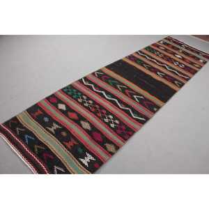 Vintage Turkish Rug, <b>Runner</b> 3x10,2 ft (91x311 cm) Rug, <b>Black</b> Southwestern Wool Rug - Product Image 4