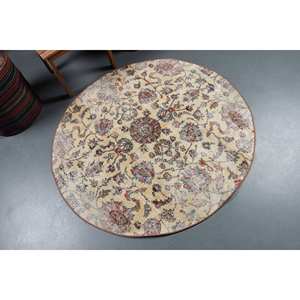 พรมตุรกีวินเทจ4.3ft 4.2 x งานแฮนด์เมดสีเบจผ้ากำมะหยี่ขนยาวทรงสี่เหลี่ยมผืนผ้าเย็บปะติดปะต่อกันลายผ้าไหมไม้ไผ่สำหรับวัยรุ่น - Product Image 2