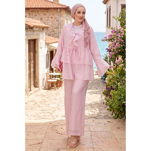 Conjunto de Kimono de Dos Piezas en Crepé Rosa Estilo Bohemio, Talla XS, con Cordones Delanteros y Mangas con Volantes para Primavera/Verano/Otoño - Product Image 1