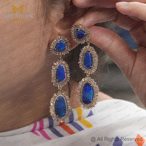 Opal Gemstone 14k Yellow Gold Natural Round, Baguette <b>Diamond</b> Handmade Long <b>Dangle</b> <b>Earrings</b> Fine Jewelry Wholesale - Product Image 4