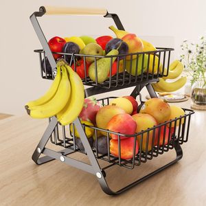 Fruit <b>Basket</b> Stand for Kitchen Counter - 2 Tier Metal Fruit Bowls with Banana Holder, <b>Black</b> - Product Image 3