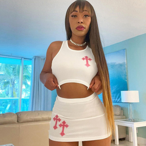 Women's <b>White</b> 2pcs Short Crop Top & Mini <b>Skirt</b> Set with Pink Cross Print Sleeveless Streetwear Clubwear Outfit - Product Image 3