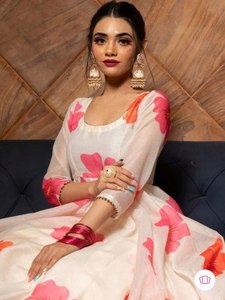 Ra mắt thiết kế mới lễ hội mặc anarkali váy vải georgette với công việc in hoa trắng - Product Image 5