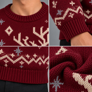 Pull tricoté personnalisé pour homme, motif renne de Noël, jacquard bordeaux, col rond, pour l'hiver et les fêtes, vente en gros OEM - Product Image 5