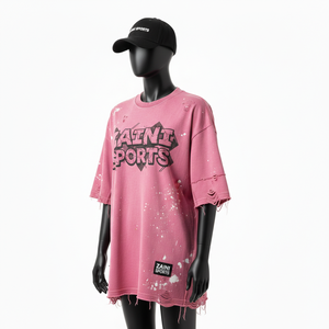 Women Oversize Tshirt Premium 240 GSM Cotton Jersey Soft Acid Wash Pink <b>Distressed</b> Screen Print Custom Logo Women Cotton T-Shirt - Product Image 5