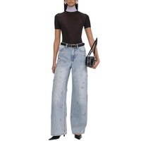 Jean en denim déchiré à taille mi-haute pour femme, motif floral uni, respirant, coupe droite, avec boutons, fermeture éclair, rivets et sequins