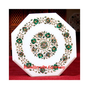 Mesa Octogonal con Incrustaciones de Mármol Blanco Natural, Diseño Floral Hecho a Mano con Superficie Brillante, Mesa para Café y Té para el Hogar - Product Image 1