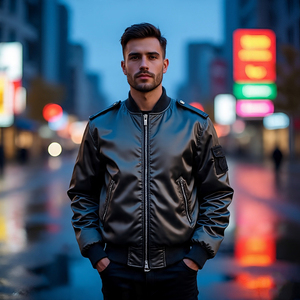 แจ็กเก็ตบอมเบอร์แขนยาวสำหรับผู้ชายเสื้อแจ็กเก็ตมีซิปด้านหน้าผ้าซาตินโลโก้ดีไซน์แบบลำลองสไตล์เบสบอลผ้าไหมซาติน - Product Image 5