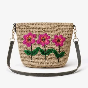Bolso de Hombro de Paja Tejido a Mano, Bolso Tipo Clutch con Cremallera Bordada, Bolso de Moda Bohemia para Mujer - Product Image 6