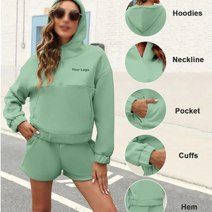 Conjunto de dos piezas de algodón de otoño para mujer, sudadera holgada gruesa y pantalones de chándal cortos, trajes de moda para mujer personalizados - Product Image 5