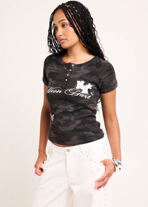 <b>Waffle</b> Camo Partial Button Placket Loose Graphic Prints on the Front <b>Waffle</b> Knit Blend Summer Eco-Friendly Women's - Product Image 5