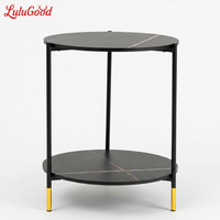 Table basse ronde moderne et durable KD, table d'appoint à 2 niveaux avec cadre métallique, étagère de rangement, table de chevet en MDF pour salon, couleur noire