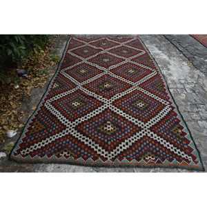 พรมขนสัตว์ทรงเรขาคณิตแบบดั้งเดิมดีไซน์เย็บปะต่อสีแดงสีน้ำเงินขนาด5.8x10.3ฟุตผ้าทอแบบแบนสี่เหลี่ยมผืนผ้าลาเท็กซ์วิสโคส4เมตรโถงทางเดิน - Product Image 1