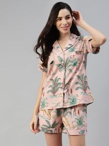 Pijama Corto de Mujer con Estampado Floral de Algodón Voile, Cuello en V con Solapa, Transpirable, Suave, de Secado Rápido, Cierre con Botones - Product Image 6