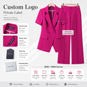 Elegante Completo Donna con Blazer a Maniche Corte e Pantaloni a Gamba Larga, Set Professionale da Ufficio Estivo - Product Image 2