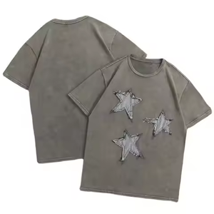 T-shirt vintage délavé au soleil pour homme, coupe carrée et courte, avec broderie et appliqué déchirés, T-shirts pour hommes 2026 - Product Image 1