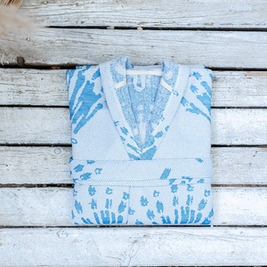 Peignoir turc en tissu éponge perlé, bleu botanique, à capuche, 100% coton - Product Image 3