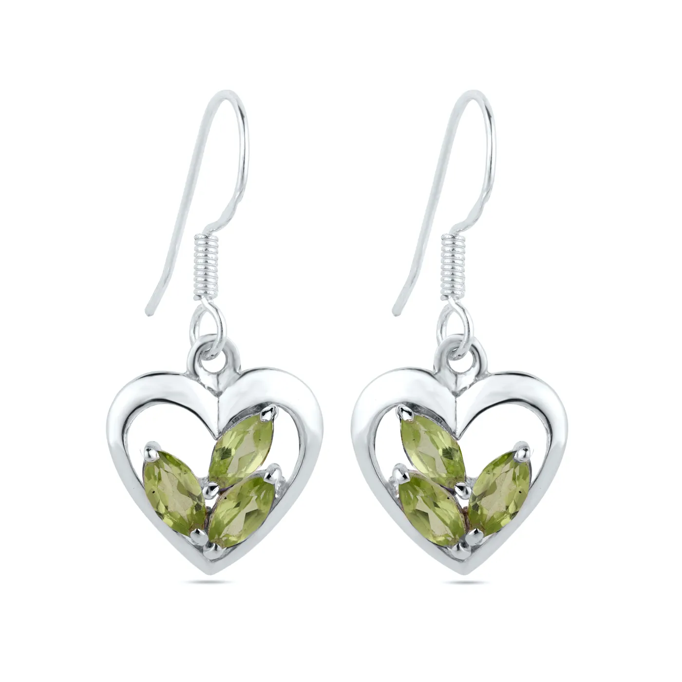 Stile di tendenza di moda naturale solido Peridot gemma 925 in argento Sterling a forma di cuore orecchini a gancio per le donne al prezzo all'ingrosso