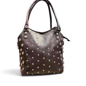 Sac fourre-tout marocain en cuir véritable marron, couleur unie, avec rivets, bandoulière, grande capacité, fermeture éclair, pour le quotidien et les voyages - Product Image 1